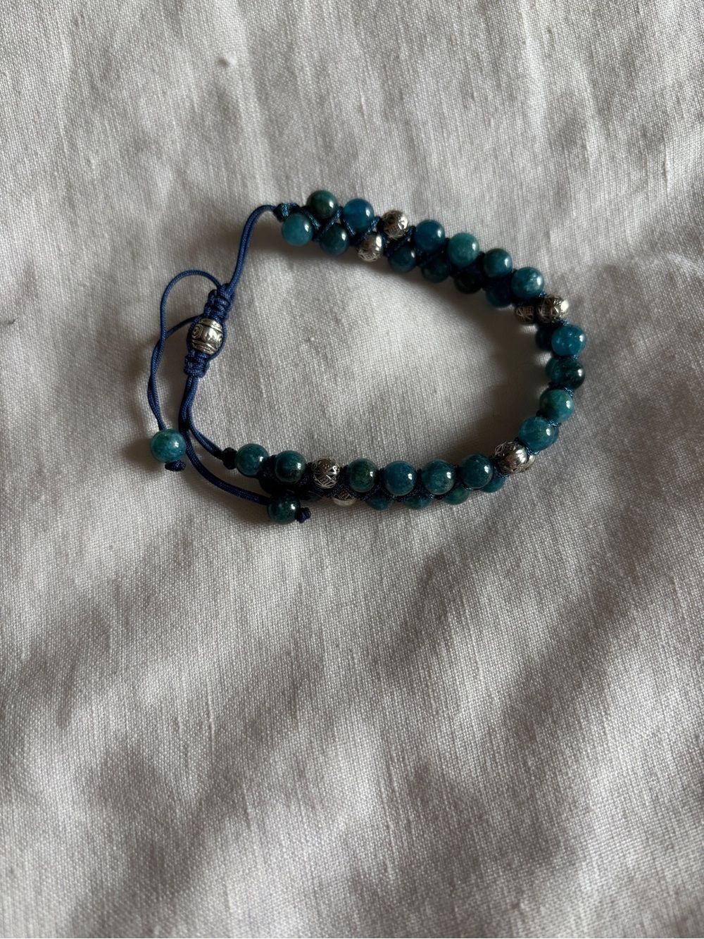 Natural Blue Apatite Stone and Silver Beaded Adjustable Healing Bracelet